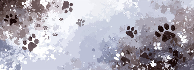 Vector art depicts paw prints scattered across a textured, abstract background in muted tones.
