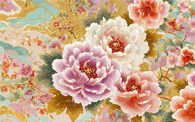 Elegant floral pattern with blooming peonies and delicate foliage in soft pastel hues.