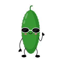 Funny cucumber kawaii character with sunglasses and smile