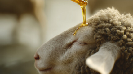 Honey's Gentle Touch: A sheep finds peace under a gentle stream of honey, embodying tranquility and the sweetness of nature.