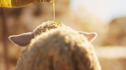 Olive Oil Offering: A stream of golden olive oil anoints the soft wool of a lamb, a gesture of care and nourishment. This poignant image evokes feelings of nurturing, serenity.