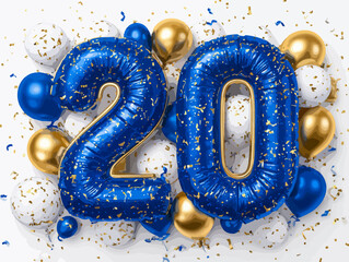 Festive blue and gold balloons celebrate a milestone 20th birthday with sparkling confetti.