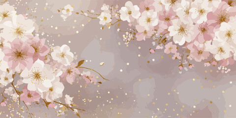 Delicate pink and white cherry blossoms with golden glitter accents create a beautiful spring backdrop.