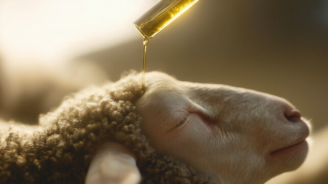 Sacred Oil of Blessing: Capturing a moment of reverence and serenity, a gentle sheep receives a divine anointing. A symbol of peace, purity and spiritual grace.