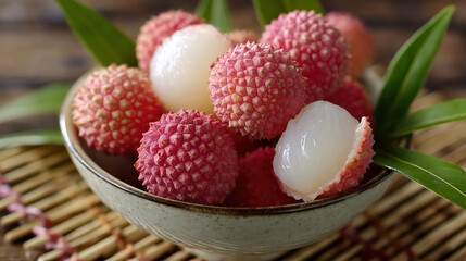 Pink lychee fruits in bowl on bamboo surface, representing tropical sweetness, organic nutrition and wellness concept