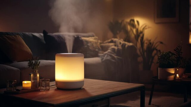 Cozy living room scene with aromatherapy diffuser emitting mist, camera pans across the setting