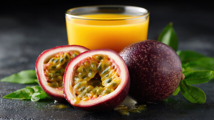 Glass of passion fruit juice with ripe fruits, representing tropical exotic drink and vegan nutrition concept