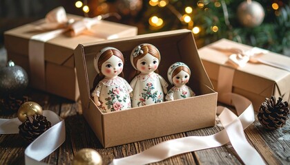 Porcelain nested dolls in gift box with holiday decorations and warm lights