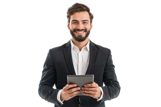 Happy businessman in a suit holding a tablet, perfect for concepts of technology and business, isolated on transparent background - Powered by Adobe