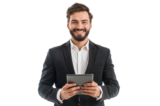 Happy businessman in a suit holding a tablet, perfect for concepts of technology and business, isolated on transparent background