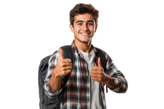 Happy young male student with a backpack giving a thumbs-up, isolated on transparent background