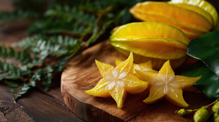 Yellow star fruit (carambola) sliced on wooden table, representing tropical exotic wellness and nutrition concept