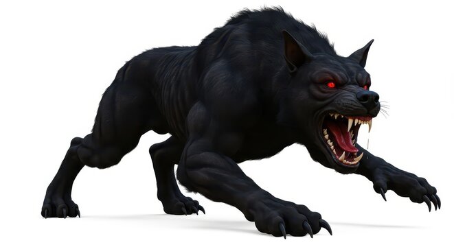 Ferocious black beast with glowing red eyes lunges forward against a stark white background