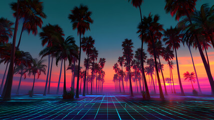 A mesmerizing sunset view with palm trees, and grid lines, creating a unique aesthetic landscape