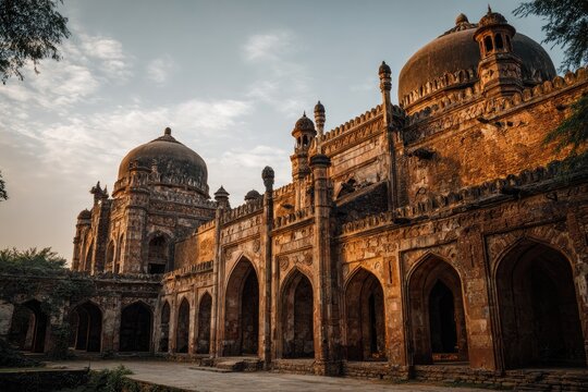 Ancient mausoleum with domes, arches, and textured stone