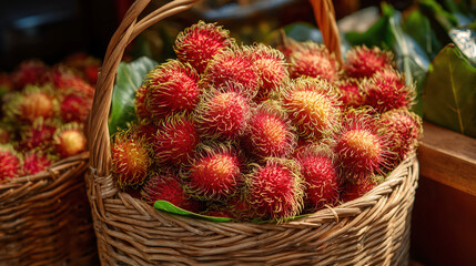 Basket with ripe rambutan fruits, representing exotic tropical wellness and vegan nutrition concept