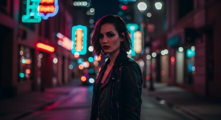 Fototapeta premium Woman posing in urban street at night