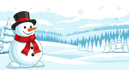 A cheerful cartoon snowman wearing a black top hat and red scarf stands in a snowy winter landscape with pine trees.