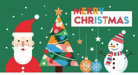 A festive Christmas illustration featuring Santa Claus, a decorated tree, and a snowman on a green background.
