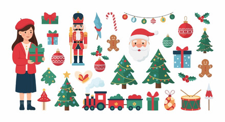 A collection of festive Christmas illustrations featuring Santa, a nutcracker, a toy train, and holiday decorations.