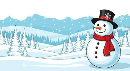A cheerful cartoon snowman wearing a top hat and red scarf stands in a snowy winter landscape with trees.
