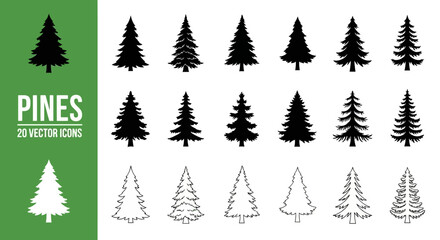 Fototapeta premium A collection of twenty pine tree vector icons, featuring various black silhouette and white outline designs for graphic projects.