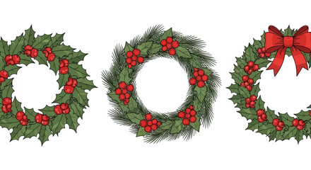 A set of three illustrated Christmas wreaths with holly, pine needles, red berries, and a bow. © Avoxel