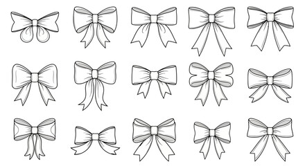 A collection of fifteen hand-drawn bow illustrations in various styles, isolated on a white background.