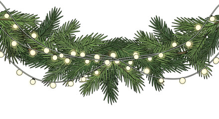 A festive Christmas garland of green fir branches decorated with a string of warm glowing lights, isolated on a white background.