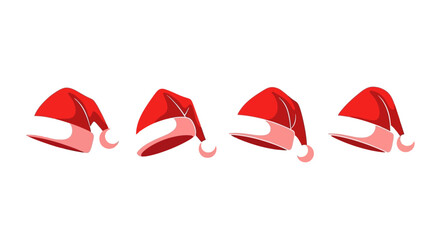 A collection of four red and white cartoon Santa Claus hats in a row on a white background.
