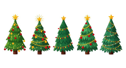 A collection of five beautifully decorated Christmas trees with stars, lights, and ornaments, isolated on a white background.