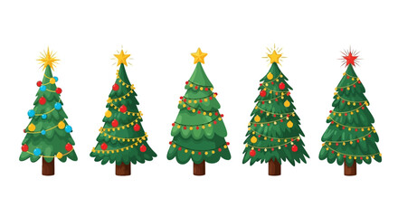 A collection of five illustrated Christmas trees with various decorations like baubles, garlands, and stars.