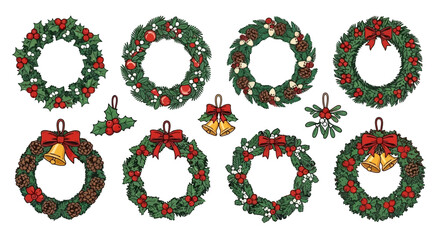 A collection of illustrated Christmas wreaths and festive decorations with bows, berries, and bells.