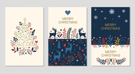 A collection of three modern Christmas greeting cards with folk art style illustrations of trees and reindeer.
