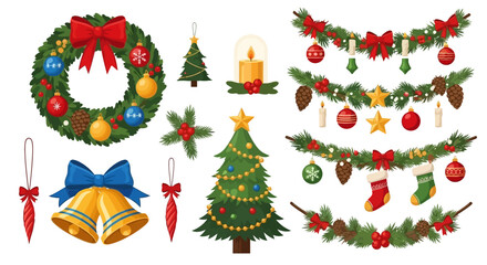 A festive collection of traditional Christmas decorations including a wreath, tree, garlands, bells, and ornaments.
