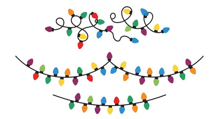 A set of three colorful Christmas light strings, including tangled and straight garlands for holiday decoration.