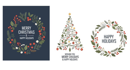 Collection of modern Christmas greeting card designs with festive wreaths and a stylized tree. © Avoxel