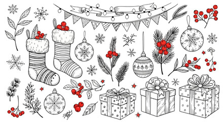 Vintage sketch set of Christmas decorations featuring stockings, gifts, ornaments, berries, and snowflakes. © Avoxel