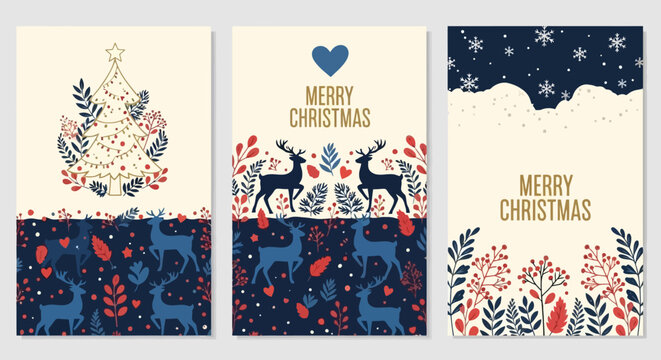 A collection of three vertical Christmas greeting cards with Scandinavian folk art designs featuring reindeer, trees, and floral patterns.