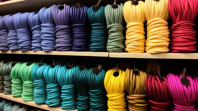 Colorful collection of yarn spools neatly arranged in a craft store display showcasing various shades and textures