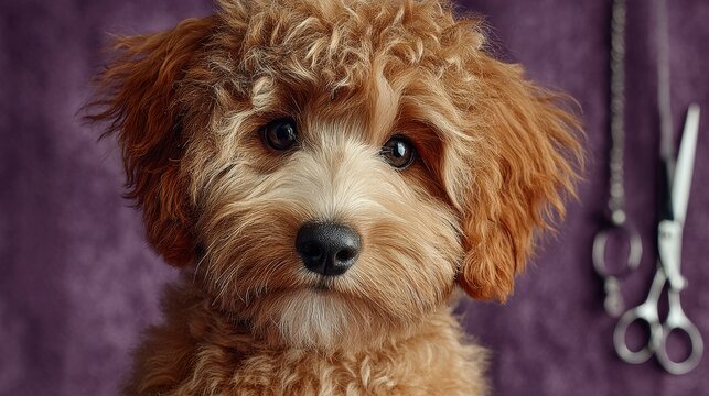 Adorable Curly Haired Puppy Dog Ready for Grooming Session