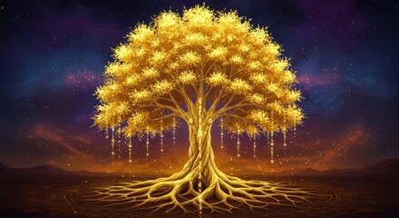 Majestic golden tree with luminous roots stands against a vibrant celestial backdrop