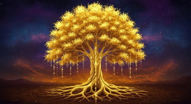 Majestic golden tree with luminous roots stands against a vibrant celestial backdrop