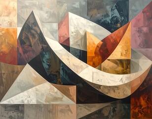 Abstract geometric painting with intersecting curved and sharp edges