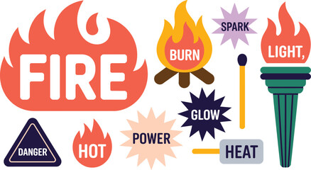 Fire Symbols Flames, Danger Sign, Torch, Match, and Descriptive Words for Energy and Heat Illustration