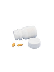 White medicine bottle cap labeled square beside yellow tablets healthcare medication close up on a Transparent Background