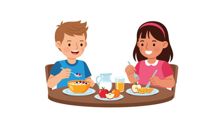 Joyful kids savoring breakfast together, a delightful moment perfect for illustrating family life, healthy eating habits, and happy childhood memories