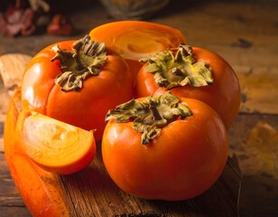 Several orange fruits with green caps and a slice on rustic wood