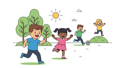 Joyful children running and playing outdoors under sunny skies, celebrating childhood fun and active lifestyles in a playful, heartwarming scene