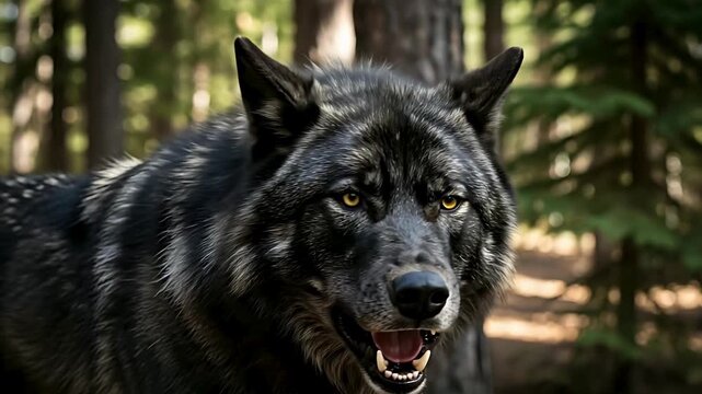 Close-up of a Black Northwestern Wolf (Canis lupus occidentalis) its golden eyes fixed and mouth slightly agape